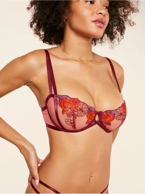 Adore Me Mauve Sheer Balconette Bra with Red-Orange Floral Embroidery